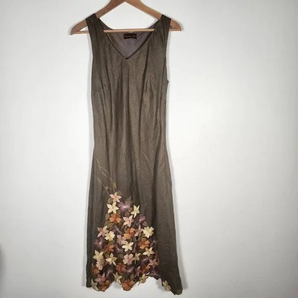 Green Floral Emboirdered Midi Dress Fairy Goblincore Whimsical Artsy Sleeveles S - Picture 2 of 12